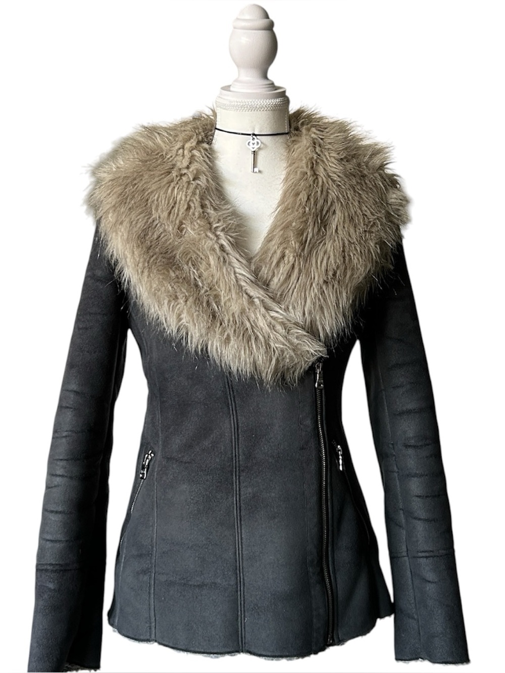 Y2K Grunge “Guess” Gray Faux Suede Faux Fur Trim Asymmetrical Zip-up Jacket